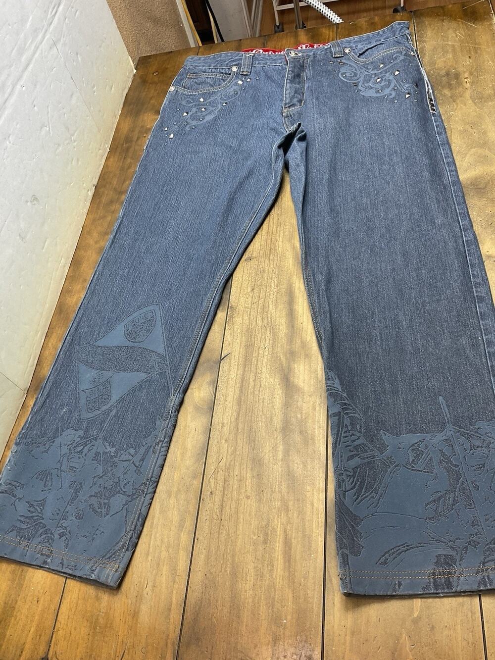 Crown Holder Jeans Mens 40 Blue Denim Embroidered Baggy Wide Leg Y2K